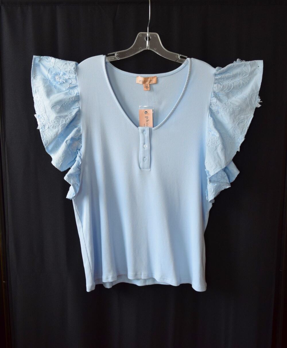 Anthropologie Philosophy Women 1X NWT $68 Blue Modal Ribbed Top Embroidered Ruff